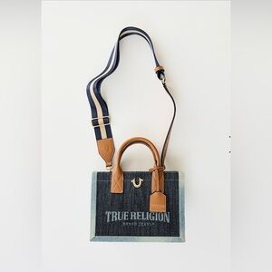 True Religion Blue and Tan Denim Tote